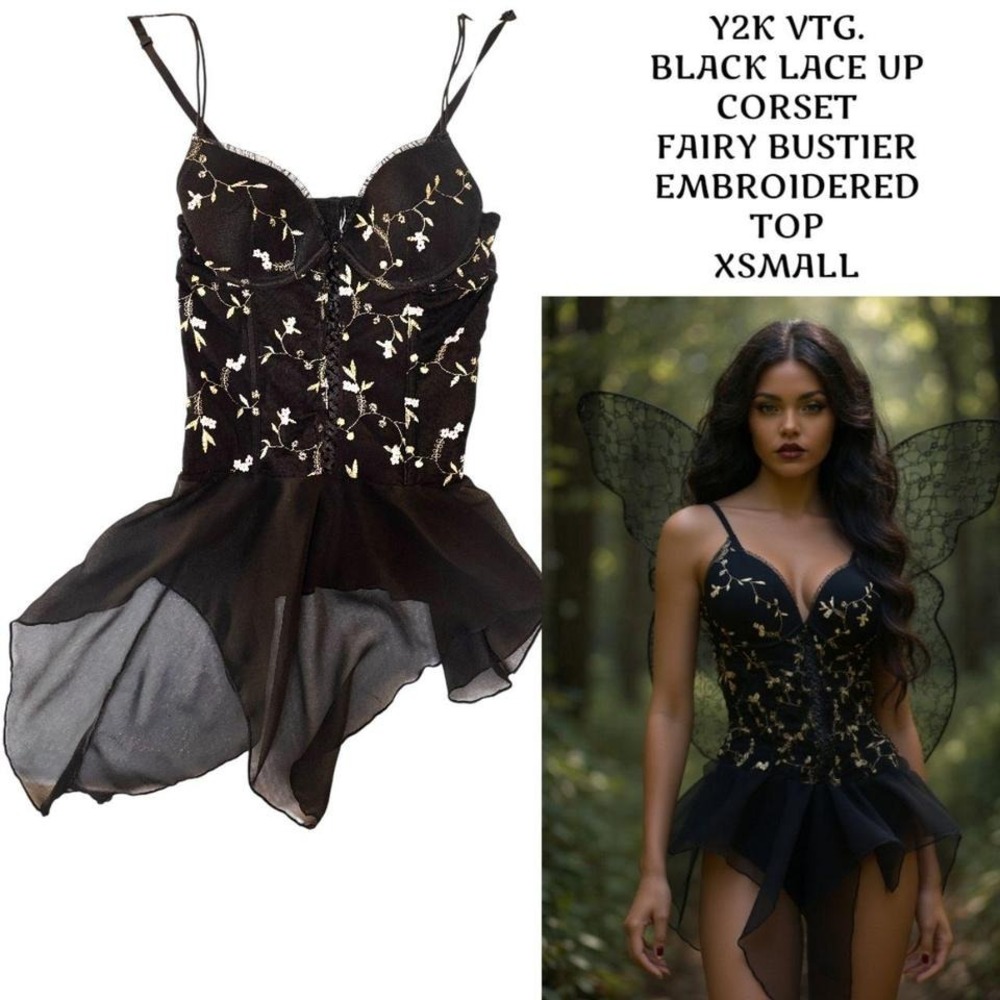 Y2K VTG. BLACK LACE UP EMBROIDERED CORSET FAIRY FLOWY TOP XSMALL